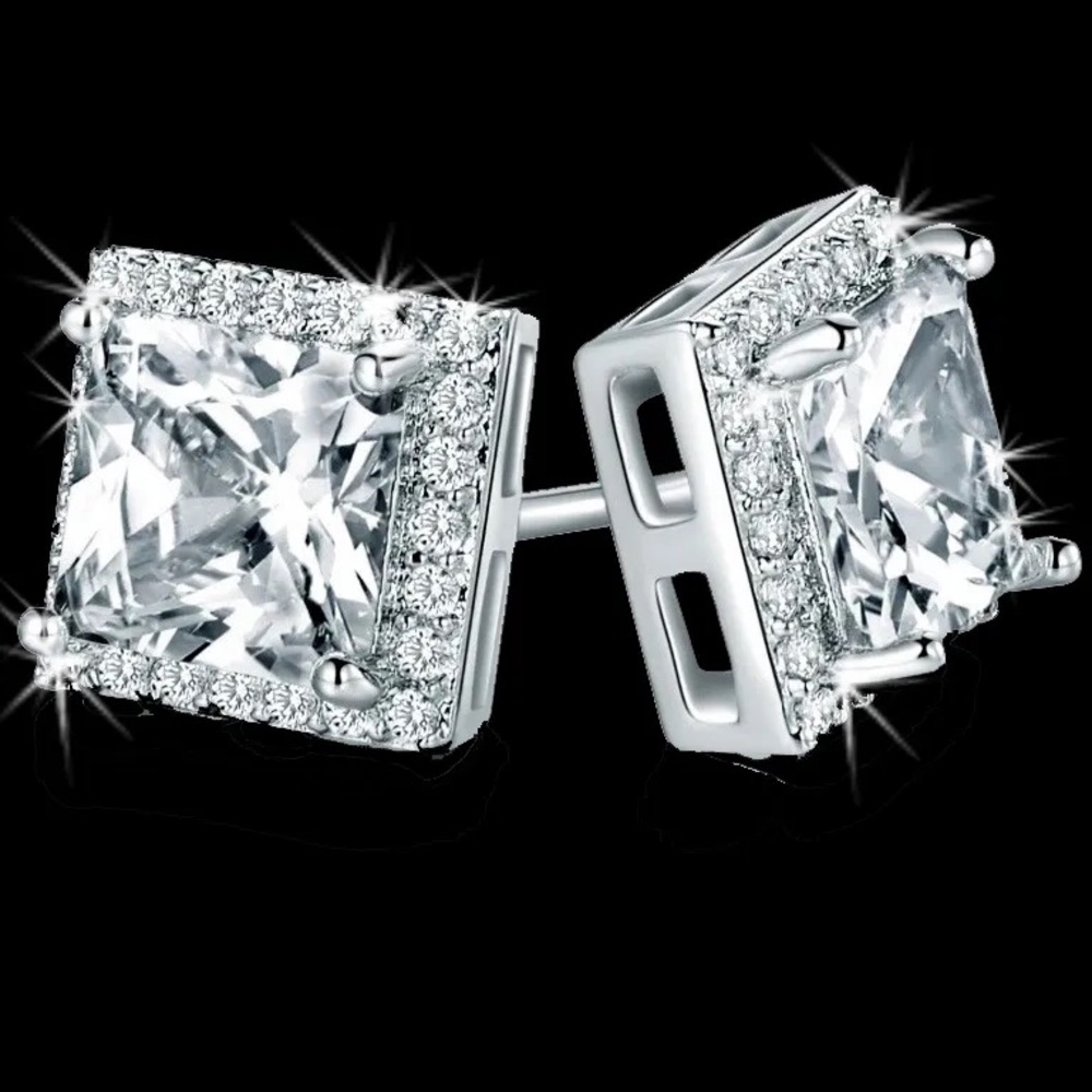 New 9mm Fancy Princess Cut Micro Pave set Cz Diamond Halo Stud Earrings Silver